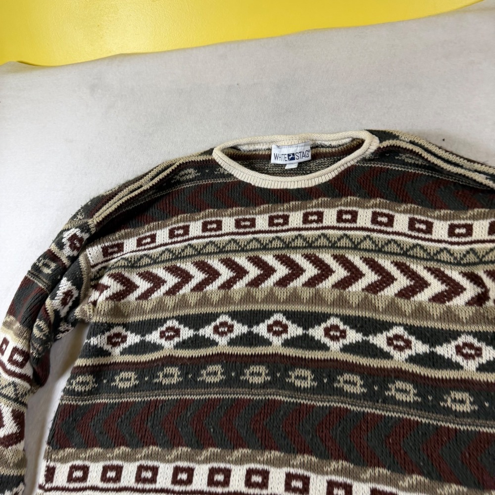 White Stag Vintage Geometric Fair Isle Knit Sweater Brown Green Mens‎ Medium